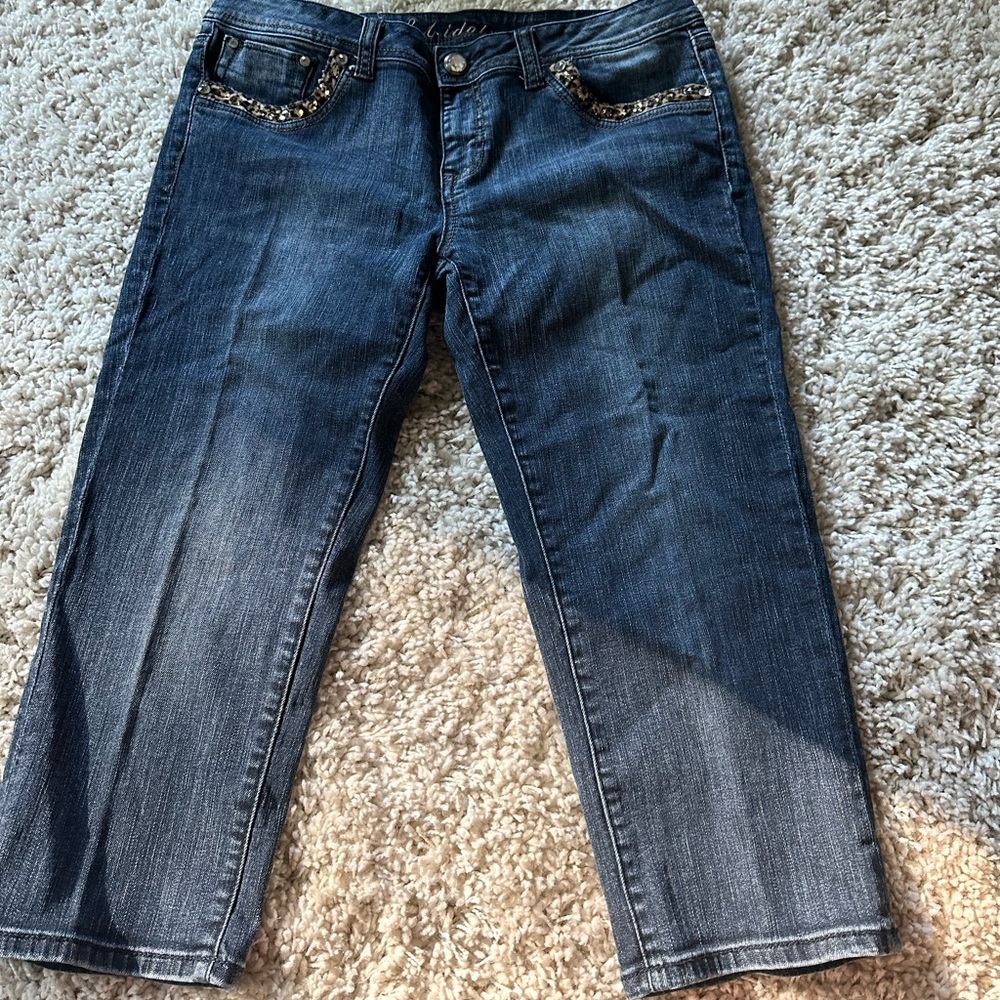 Aidol bling vintage mom denim blue designer style capri summer jeans